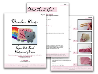 A preview of the first three pages of the PDF crochet pattern for the amigurumi nyan cat scarf
