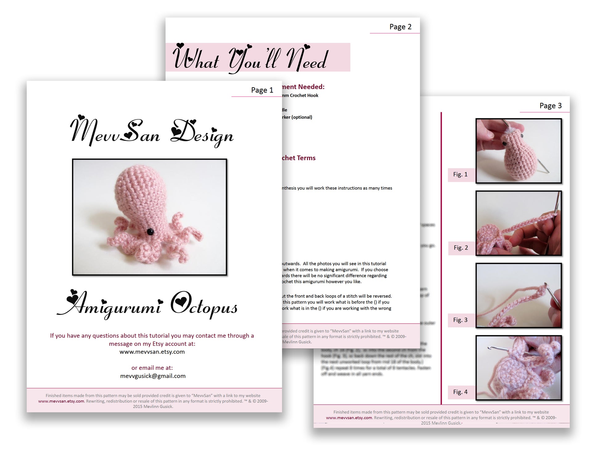 A preview of the first three pages of the PDF crochet pattern for the amigurumi octopus