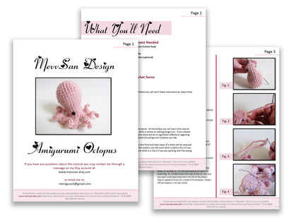A preview of the first three pages of the PDF crochet pattern for the amigurumi octopus