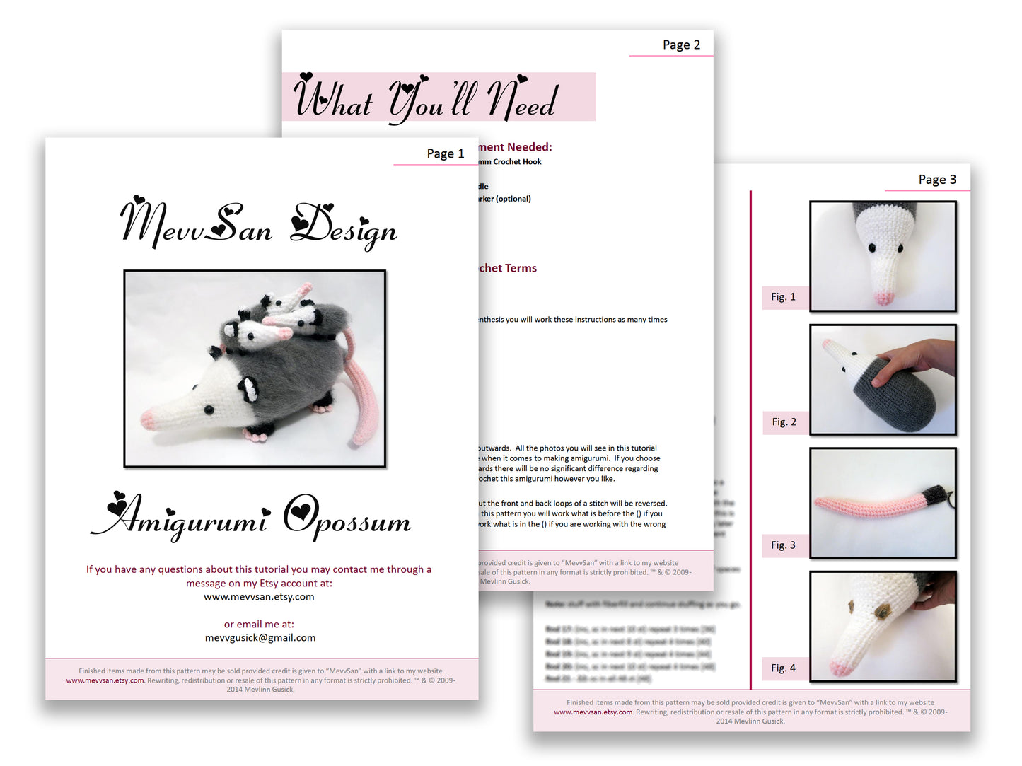 A preview of the first three pages of the PDF crochet pattern for the amigurumi opossum