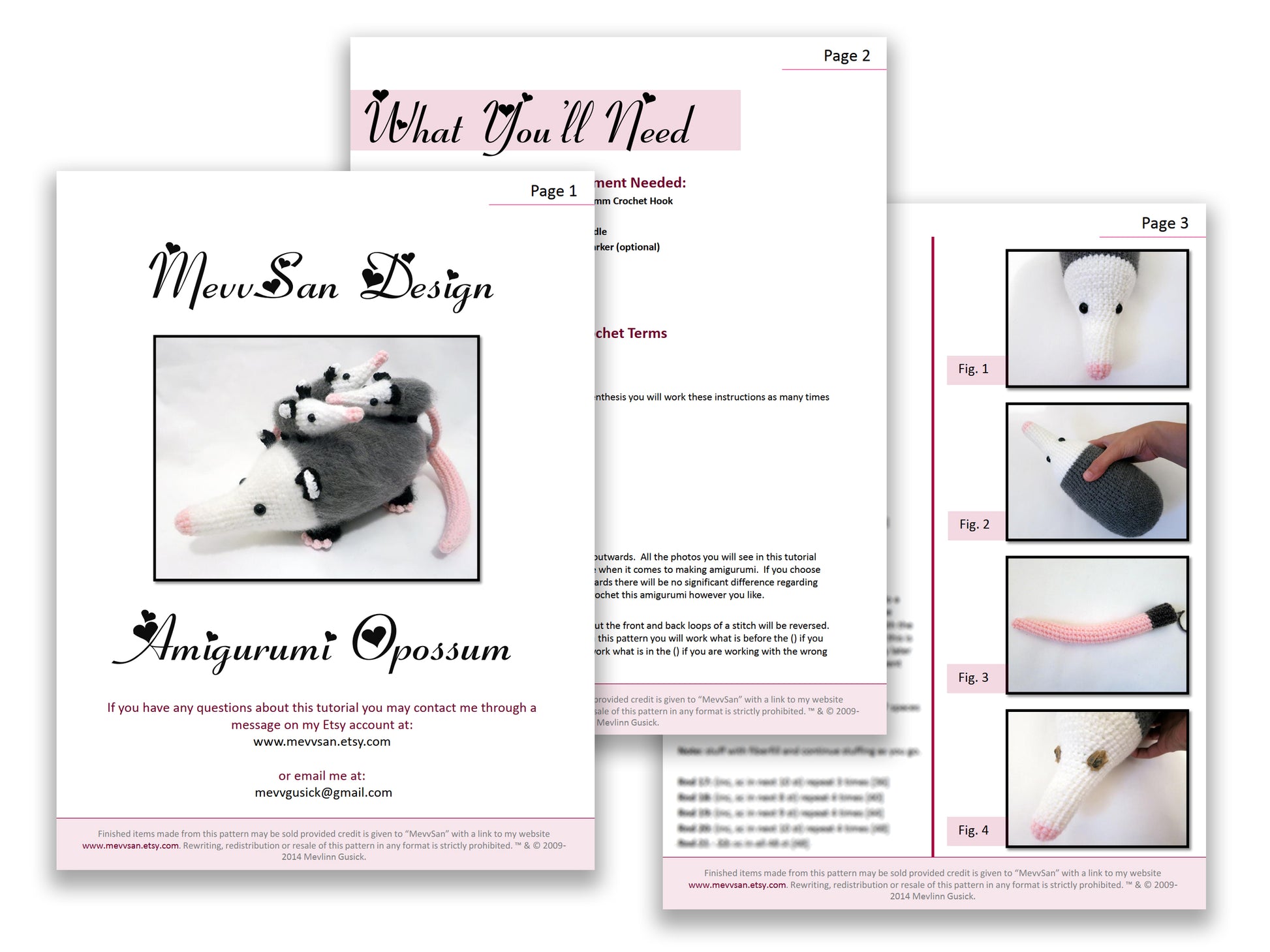 A preview of the first three pages of the PDF crochet pattern for the amigurumi opossum