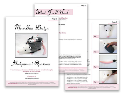 A preview of the first three pages of the PDF crochet pattern for the amigurumi opossum
