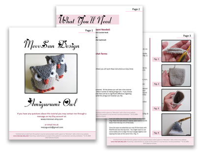A preview of the first three pages of the PDF crochet pattern for the amigurumi owl
