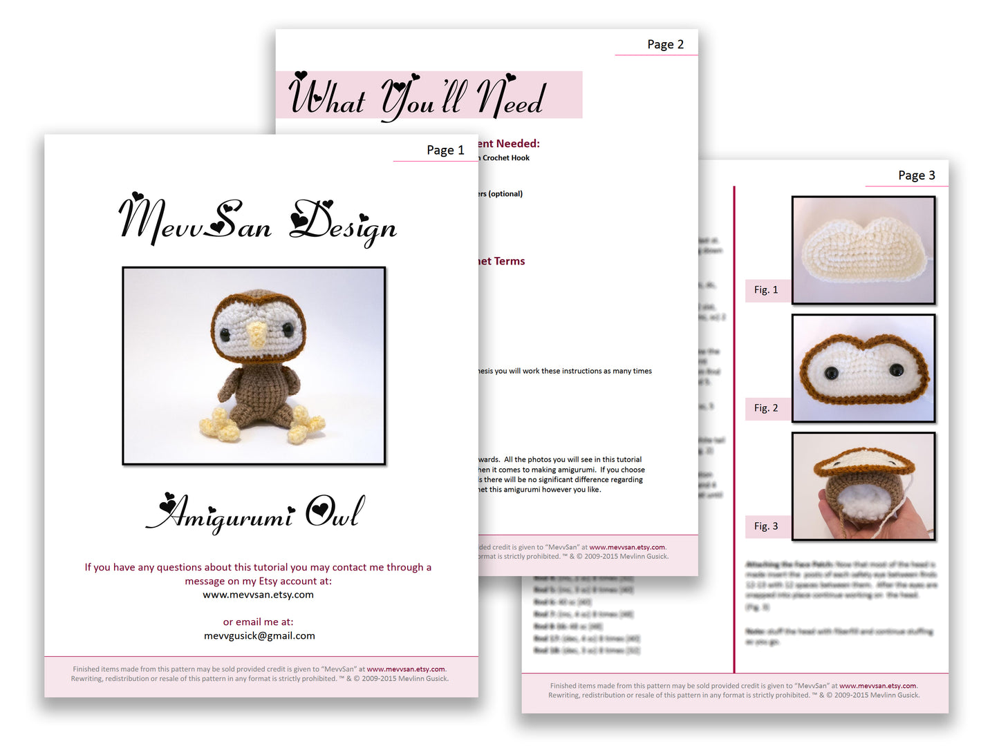 A preview of the first three pages of the PDF crochet pattern for the amigurumi owl