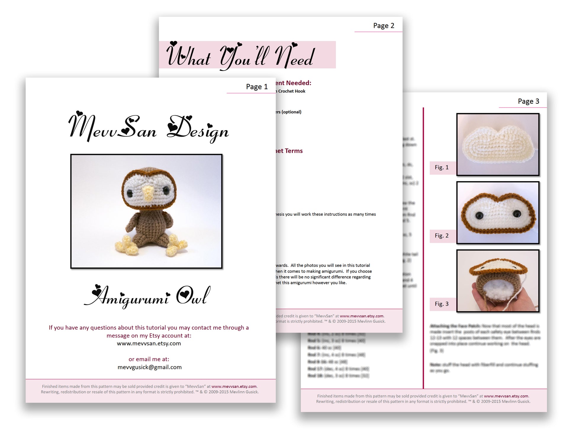 A preview of the first three pages of the PDF crochet pattern for the amigurumi owl