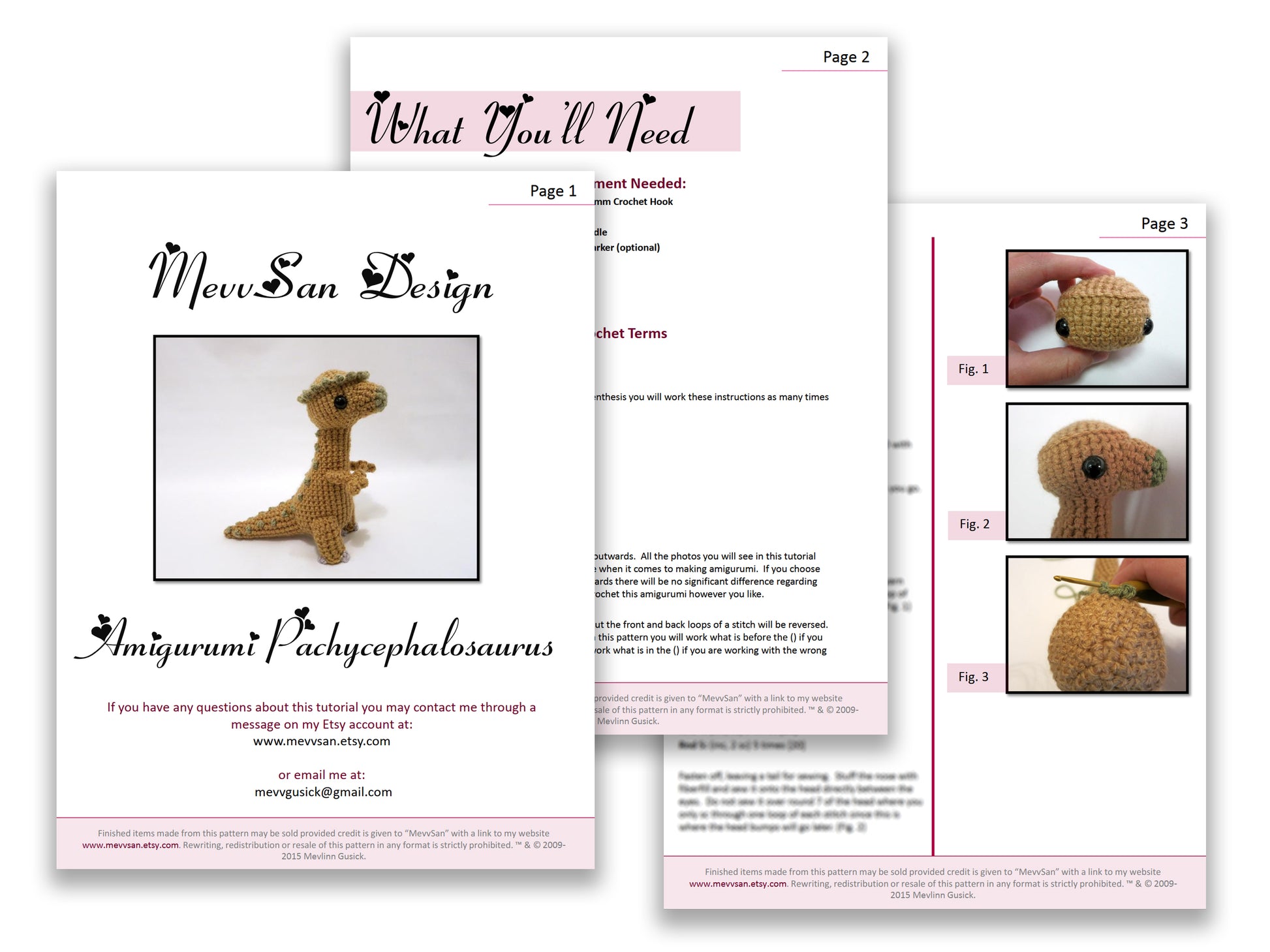 A preview of the first three pages of the PDF crochet pattern for the amigurumi pachycephalosaurus dinosaur