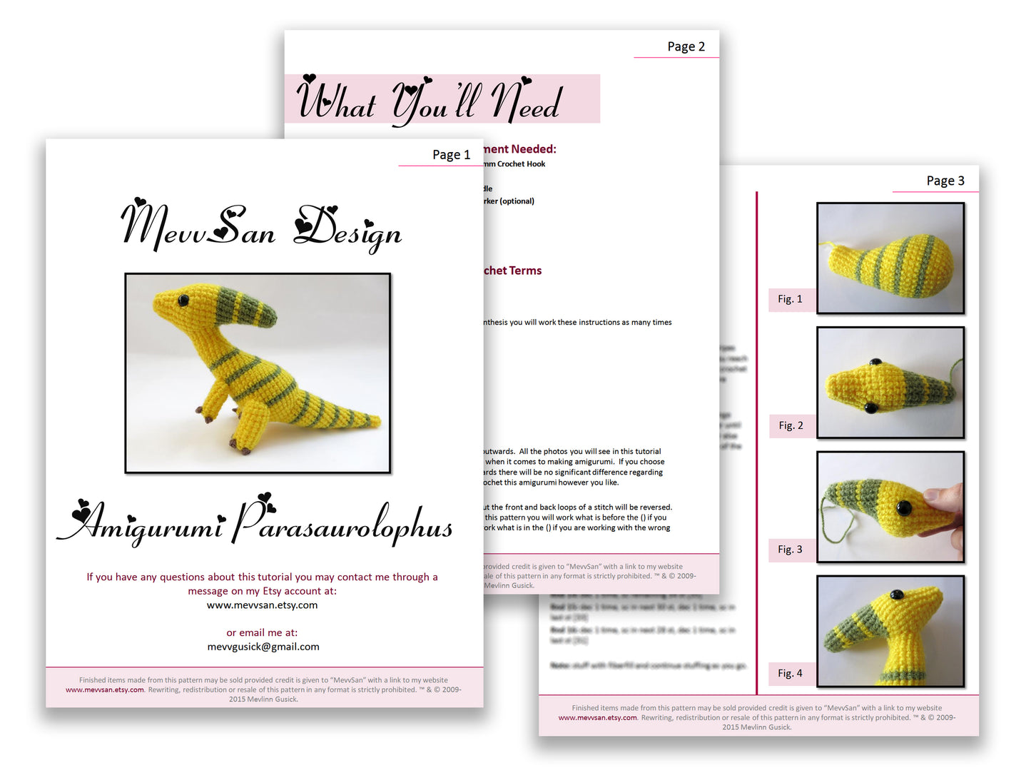 A preview of the first three pages of the PDF crochet pattern for the amigurumi parasaurolophus dinosaur