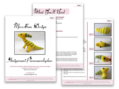 A preview of the first three pages of the PDF crochet pattern for the amigurumi parasaurolophus dinosaur