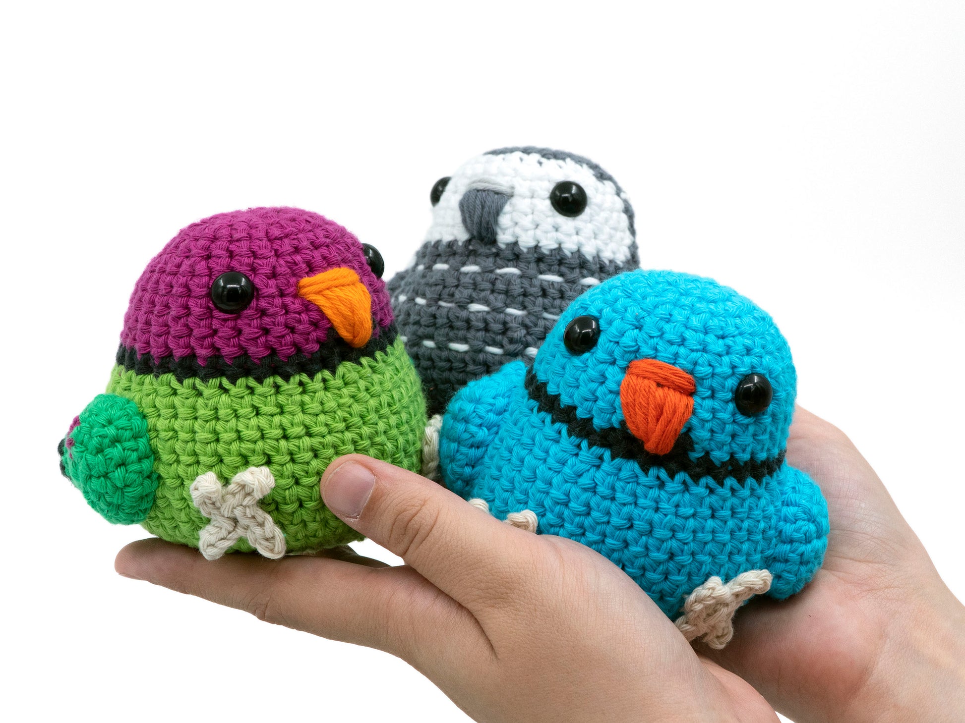 amigurumi crochet parrot pattern bundle with african grey plum-headed parakeet and indian ringneck close up