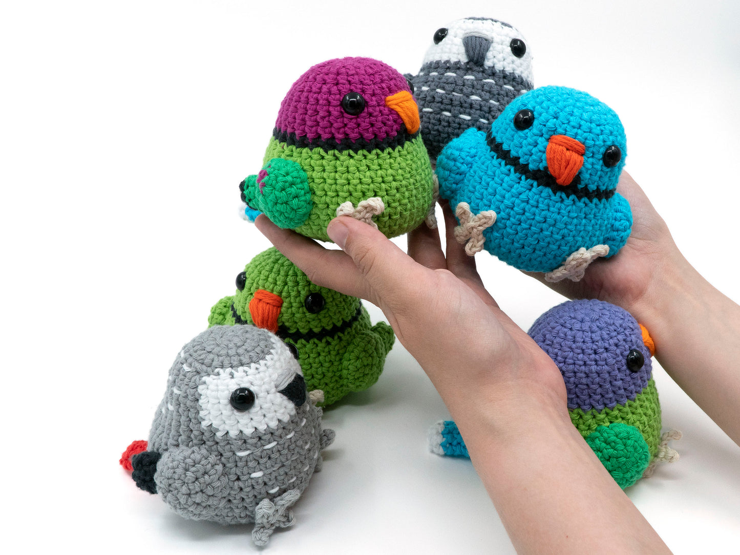 amigurumi crochet parrot pattern bundle with african grey plum-headed parakeet and indian ringneck being held together