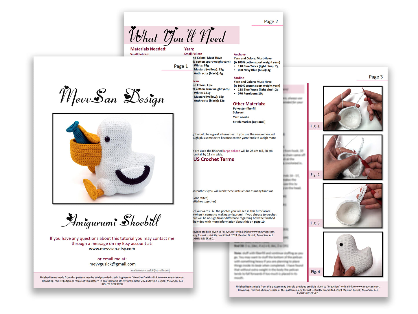 A preview of the first three pages of the PDF crochet pattern for the amigurumi pelican