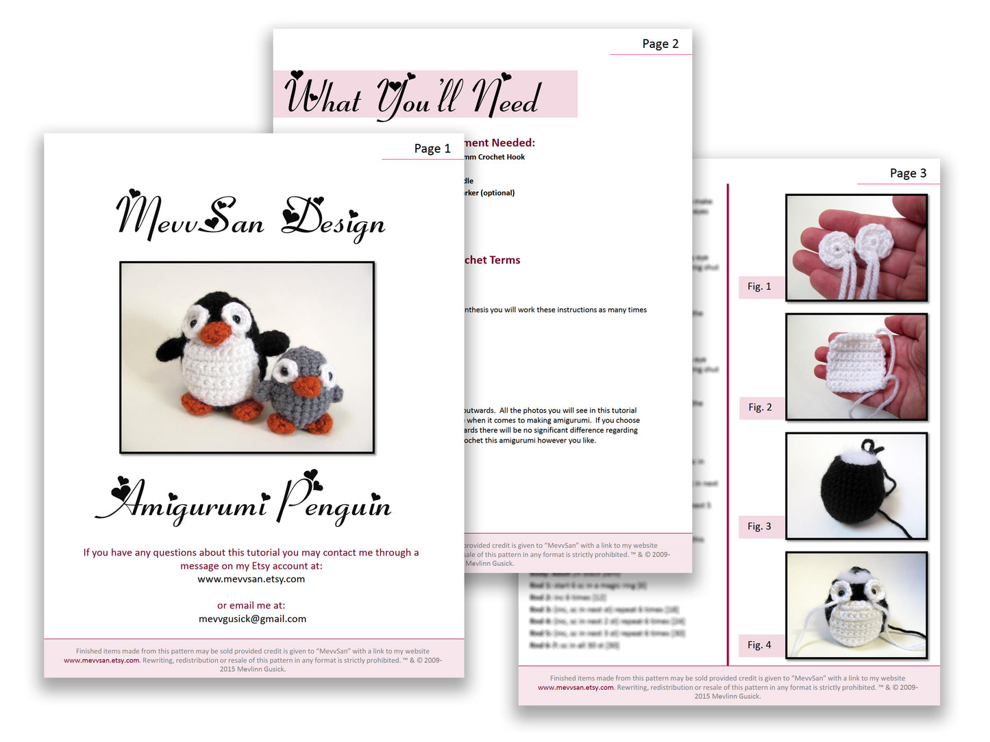 A preview of the first three pages of the PDF crochet pattern for the amigurumi penguin