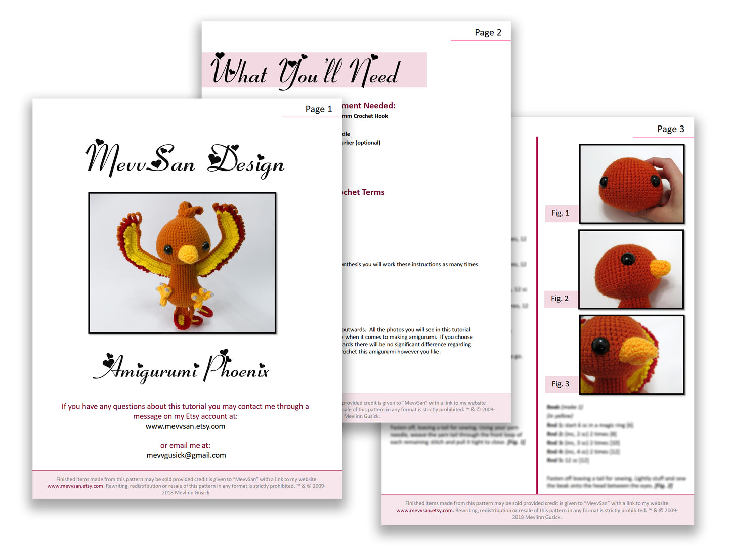 A preview of the first three pages of the PDF crochet pattern for the amigurumi phoenix