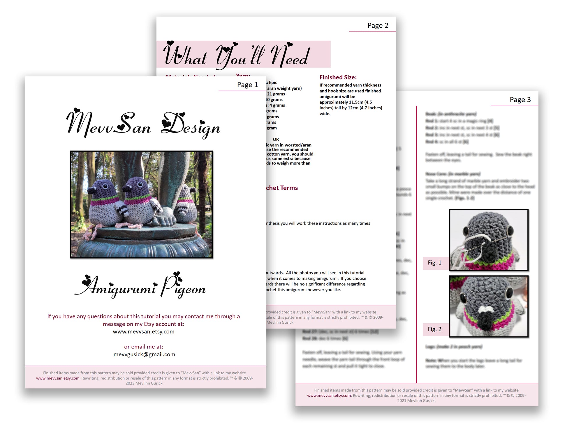 A preview of the first three pages of the PDF crochet pattern for the amigurumi pigeon