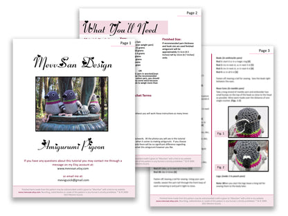 A preview of the first three pages of the PDF crochet pattern for the amigurumi pigeon