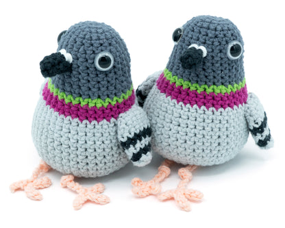 amigurumi crochet pigeon pattern with a derp look in their eyes