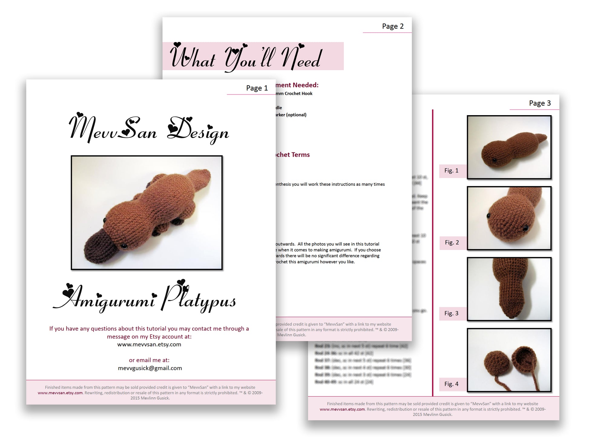 A preview of the first three pages of the PDF crochet pattern for the amigurumi platypus