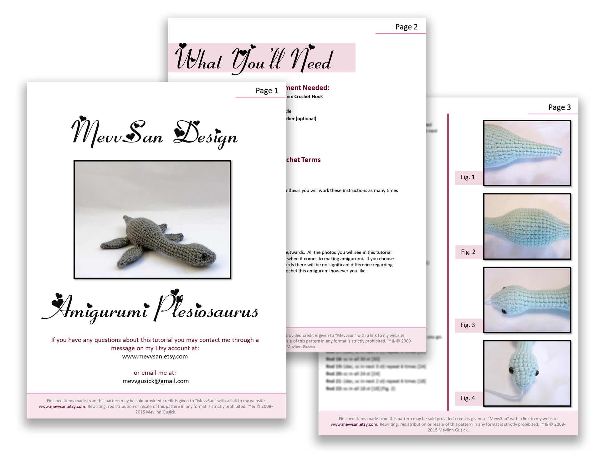 A preview of the first three pages of the PDF crochet pattern for the amigurumi  plesiosaurus dinosaur