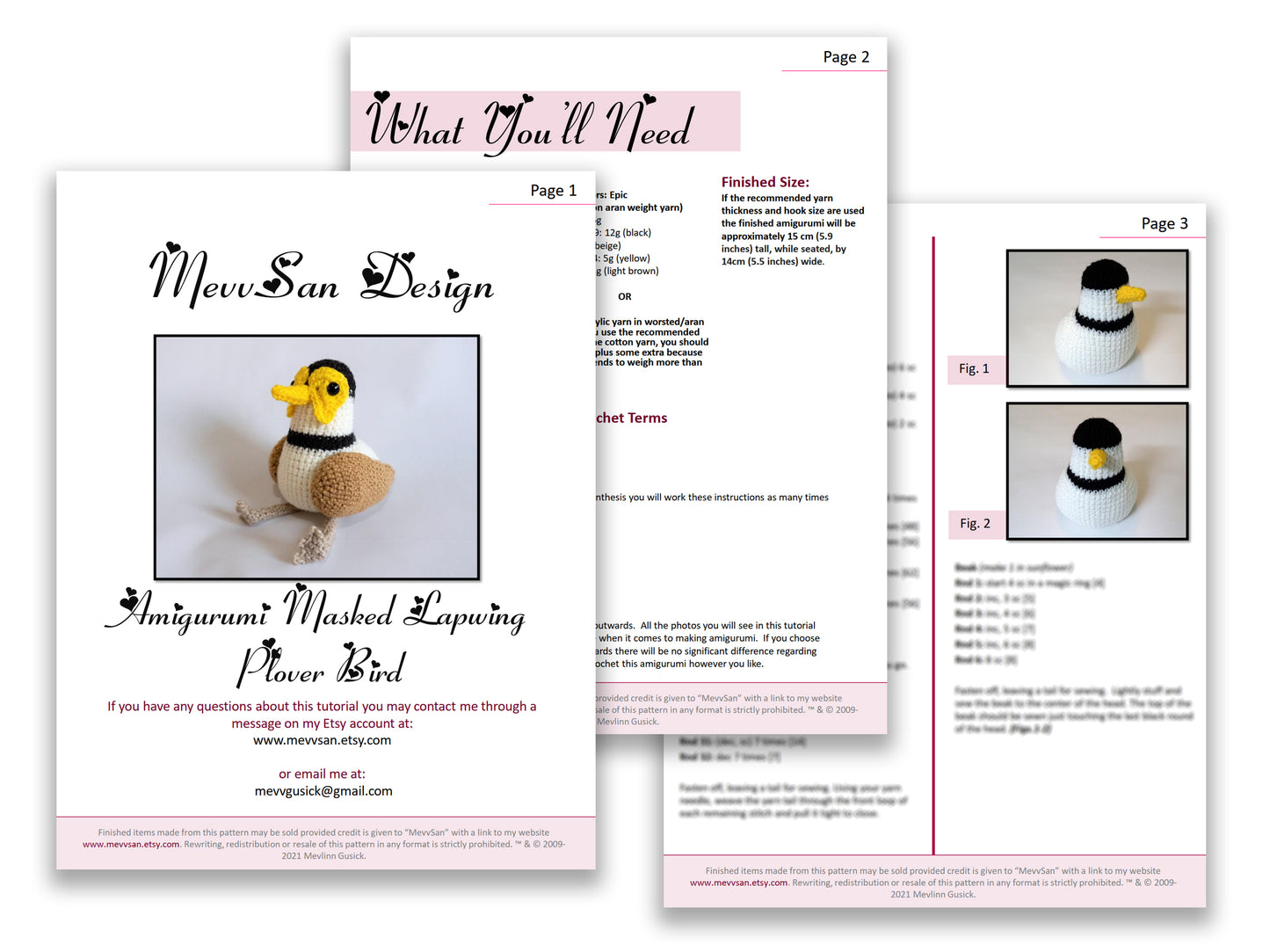 A preview of the first three pages of the PDF crochet pattern for the amigurumi plover bird