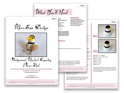 A preview of the first three pages of the PDF crochet pattern for the amigurumi plover bird