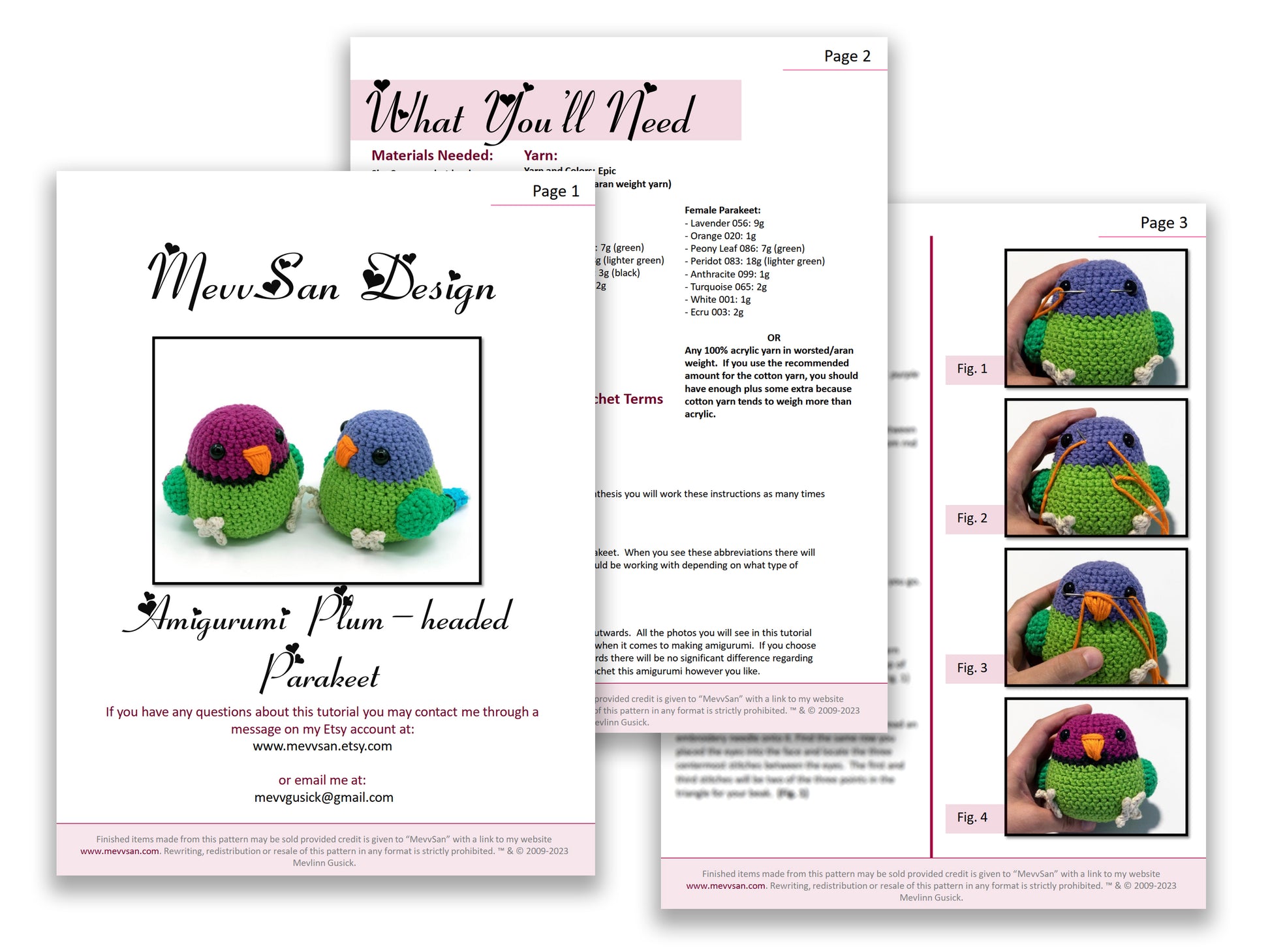A preview of the first three pages of the PDF crochet pattern for the amigurumi plum-headed parakeet