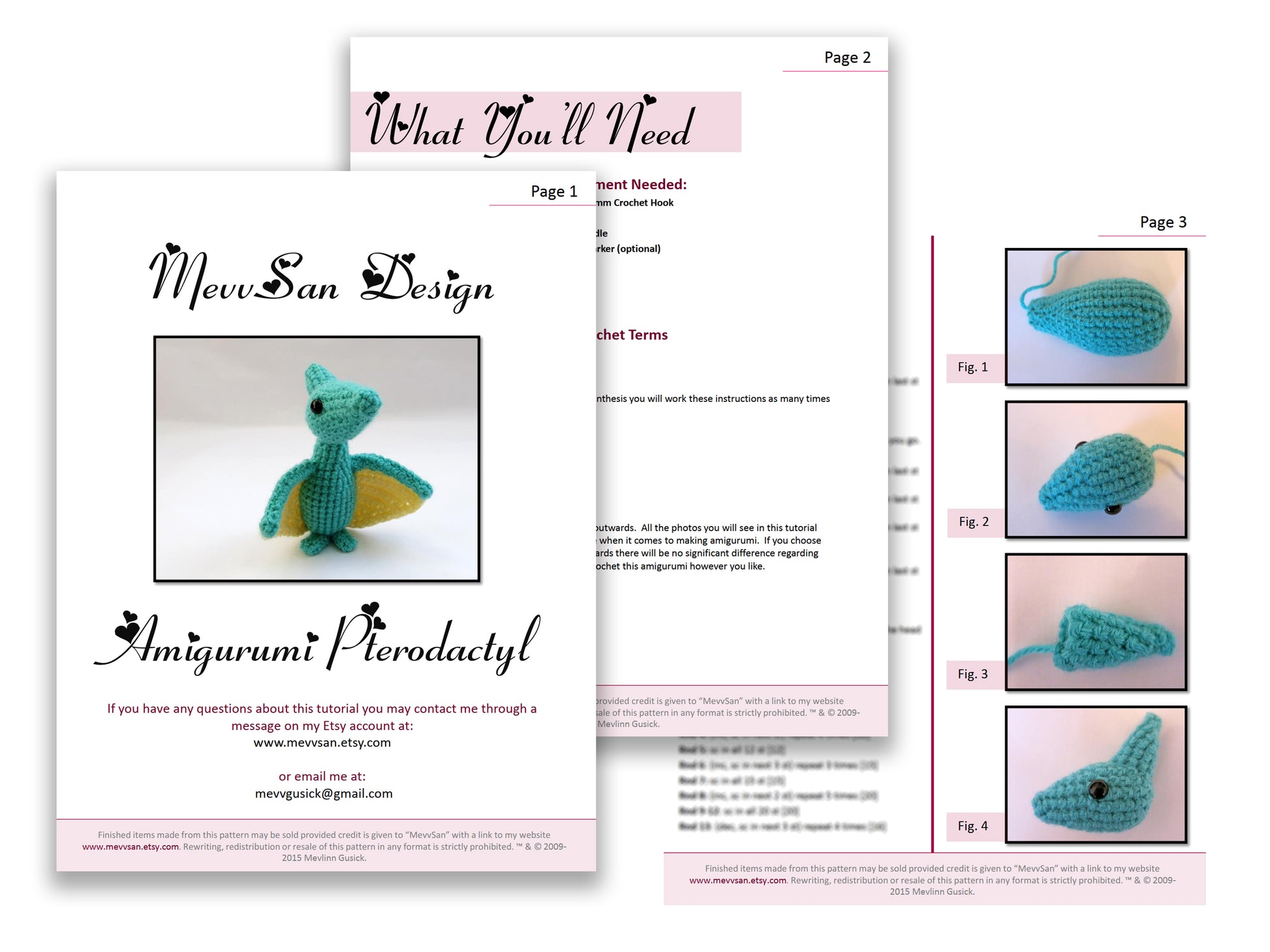 A preview of the first three pages of the PDF crochet pattern for the amigurumi pterodactyl dinosaur
