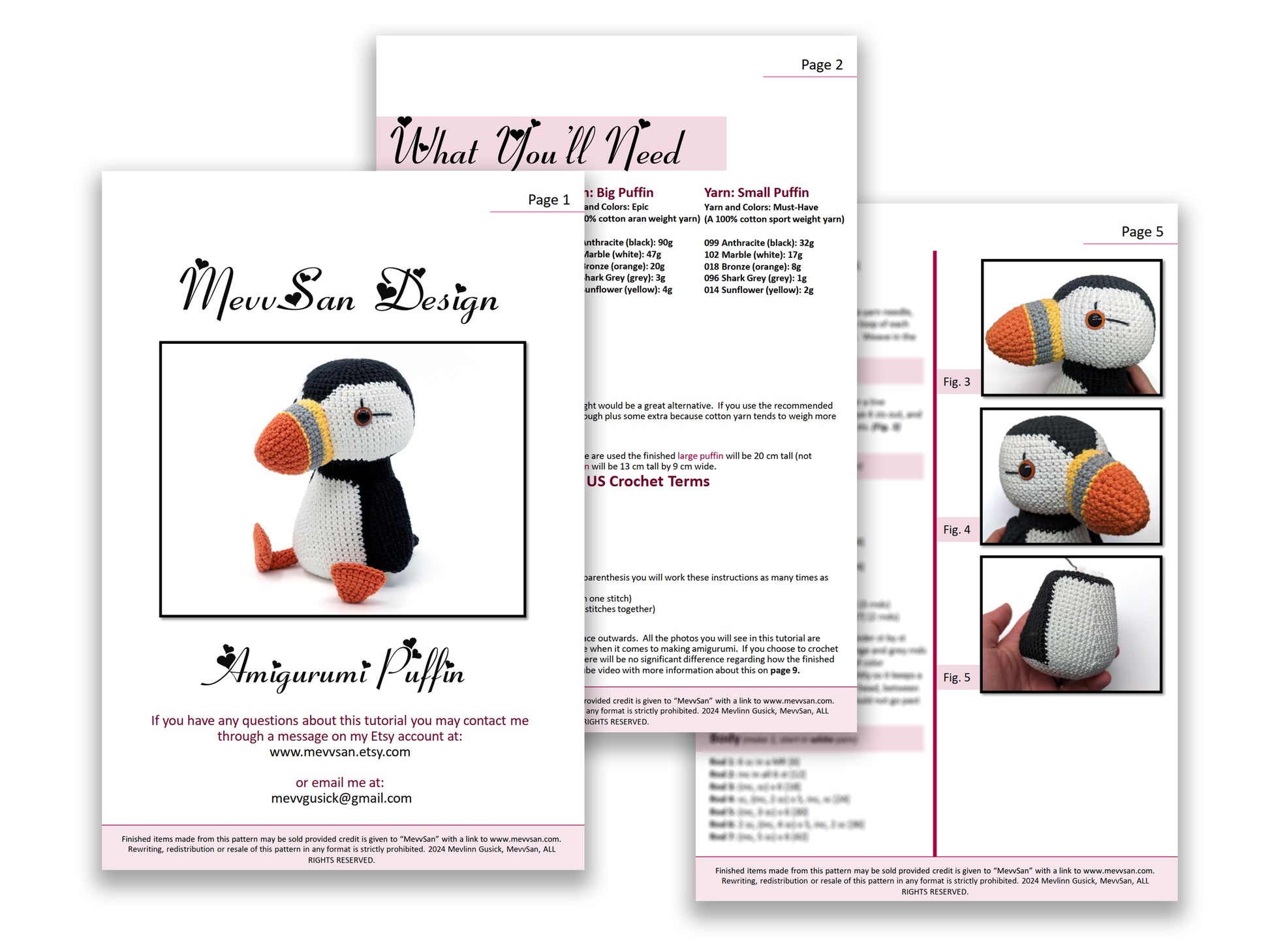 A preview of the first three pages of the PDF crochet pattern for the amigurumi puffin