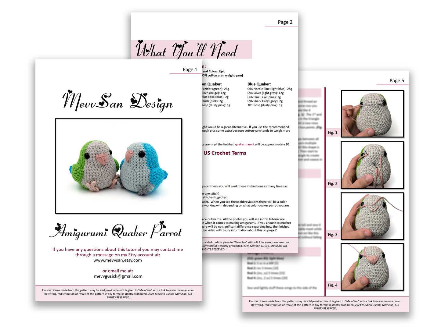 A preview of the first three pages of the PDF crochet pattern for the amigurumi quaker monk parrot