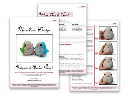 A preview of the first three pages of the PDF crochet pattern for the amigurumi quaker monk parrot