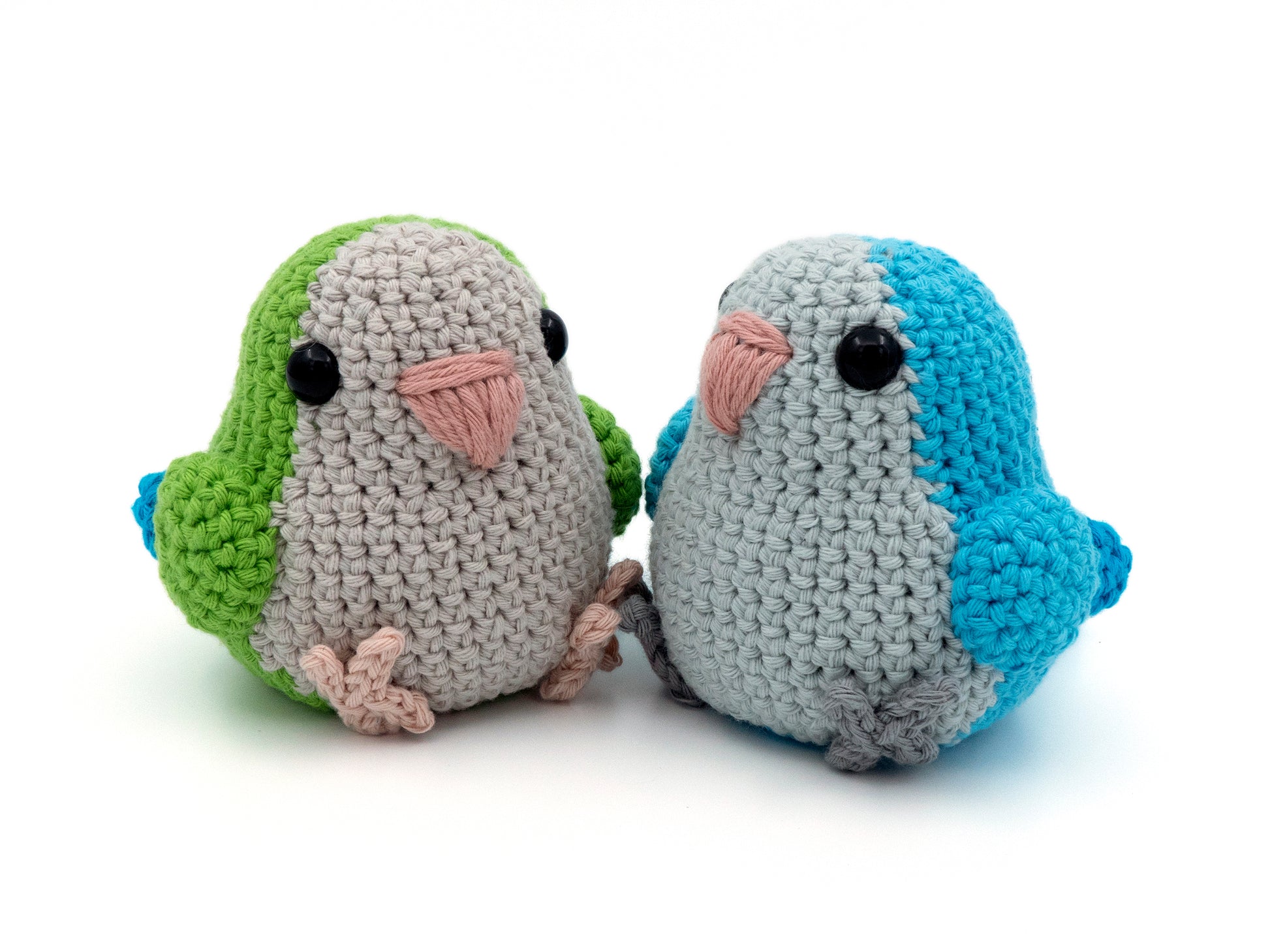 handmade crochet quaker parrot monk parakeet amigurumi plush green and blue sitting together