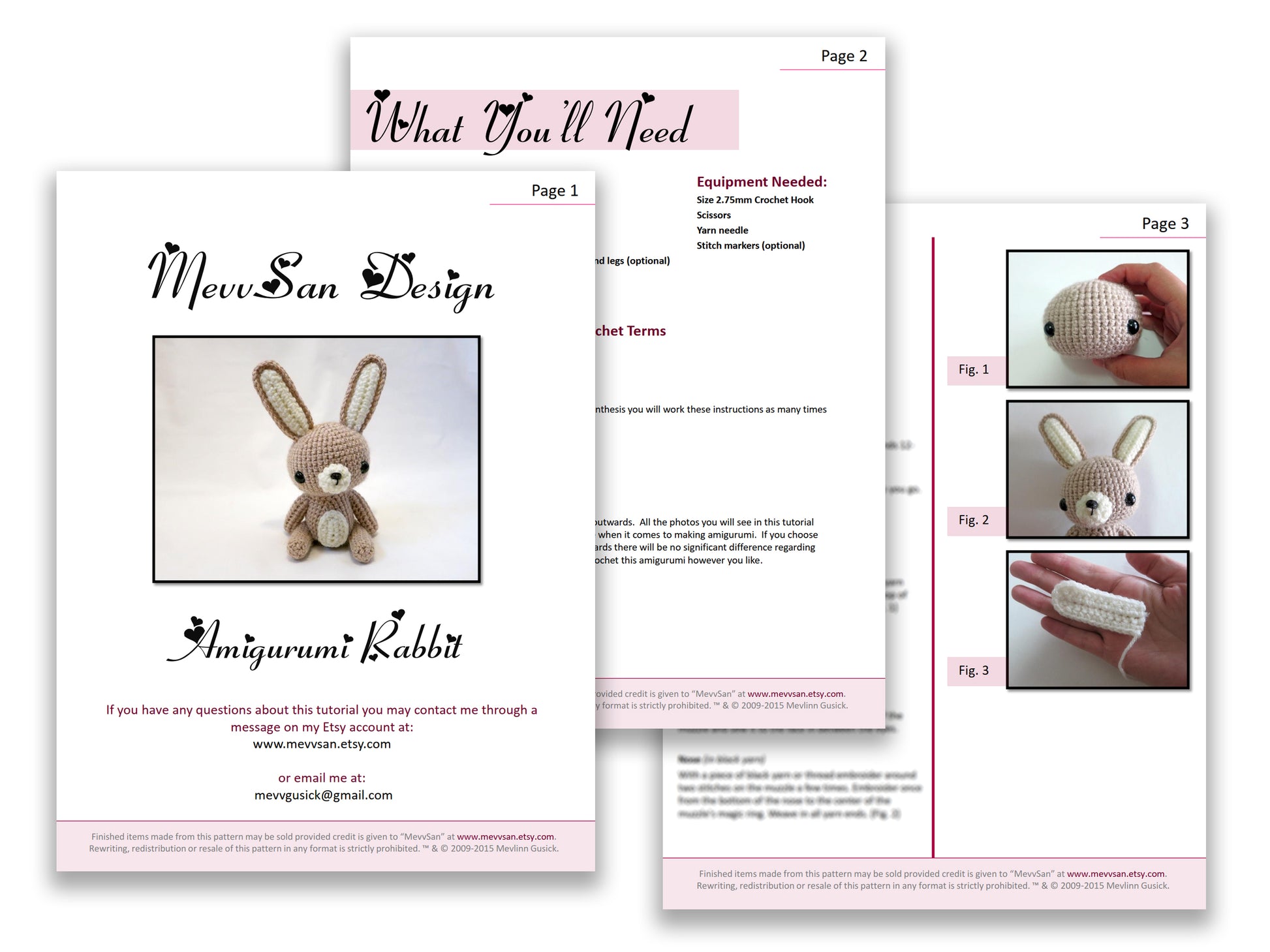 A preview of the first three pages of the PDF crochet pattern for the amigurumi rabbit