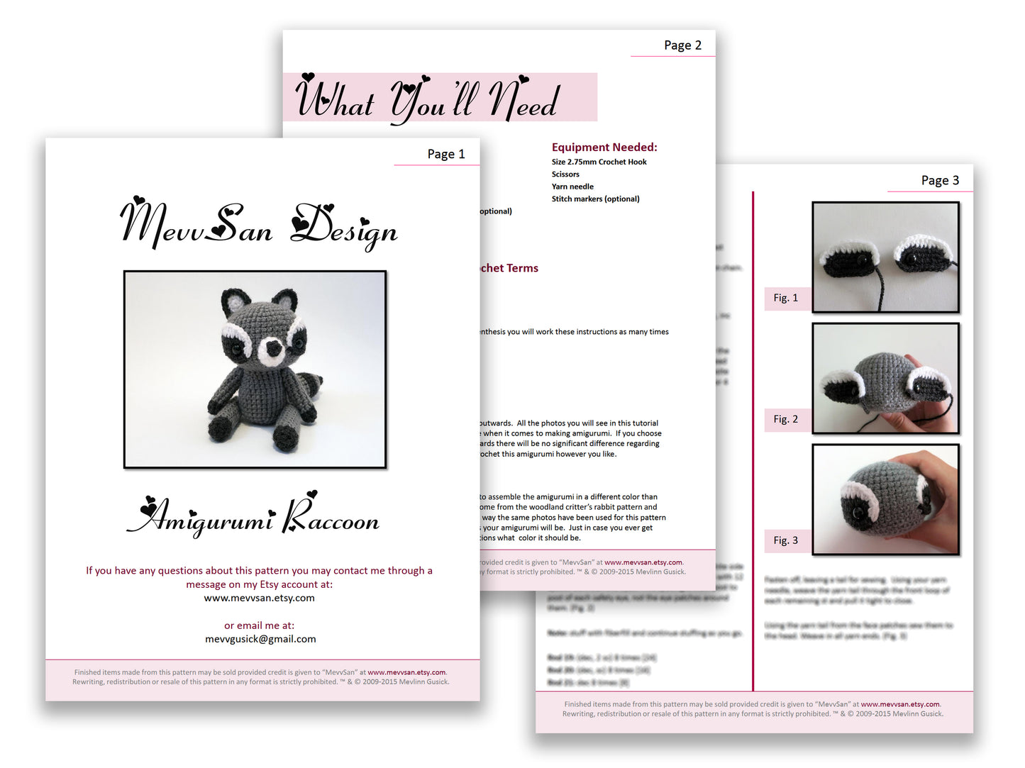 A preview of the first three pages of the PDF crochet pattern for the amigurumi raccoon