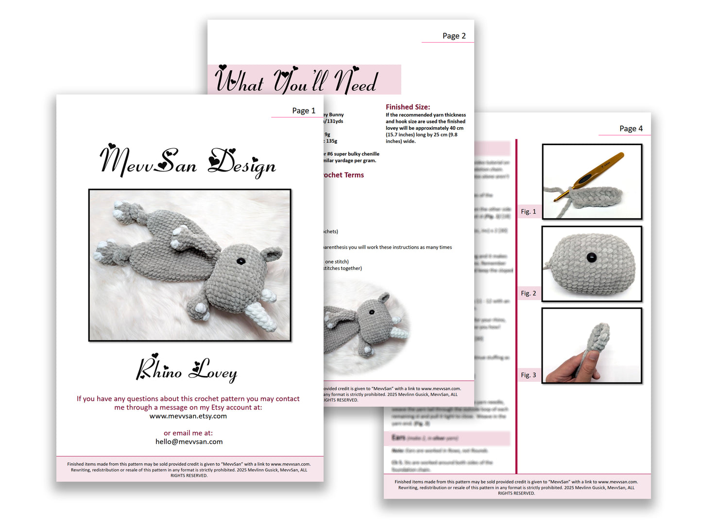 A preview of the first three pages of the PDF crochet pattern for the amigurumi rhino lovey