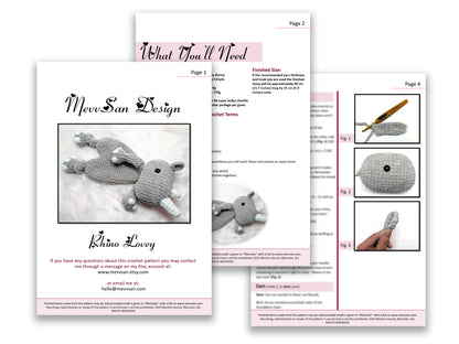 A preview of the first three pages of the PDF crochet pattern for the amigurumi rhino lovey