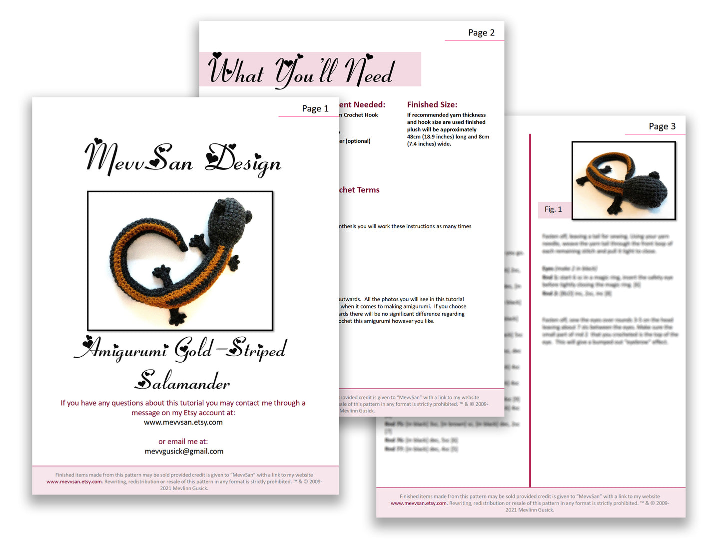 A preview of the first three pages of the PDF crochet pattern for the amigurumi salamander