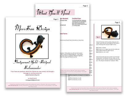 A preview of the first three pages of the PDF crochet pattern for the amigurumi salamander