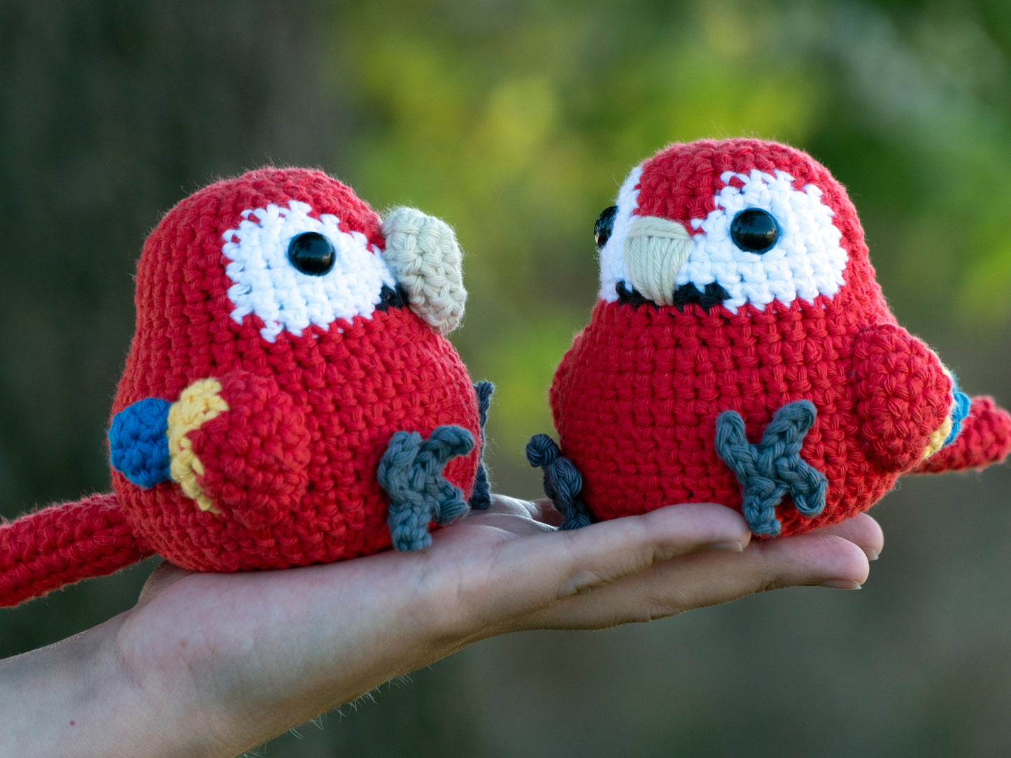 handmade crochet scarlet macaw amigurumi plush with crocheted and embroidered beak options