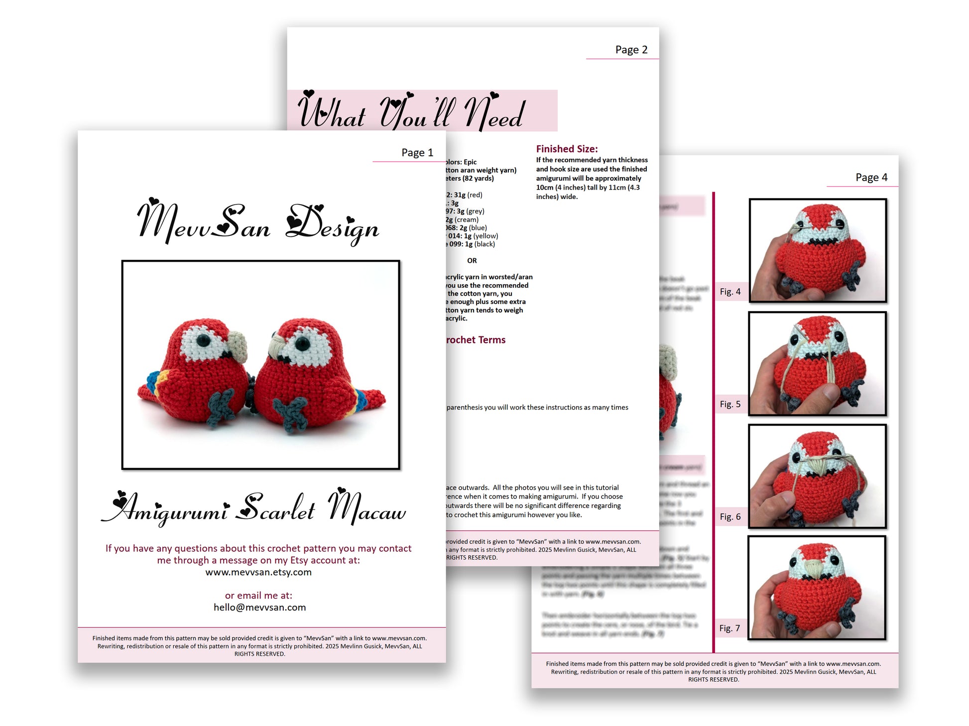A preview of the first three pages of the PDF crochet pattern for the amigurumi scarlet macaw