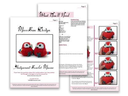 A preview of the first three pages of the PDF crochet pattern for the amigurumi scarlet macaw