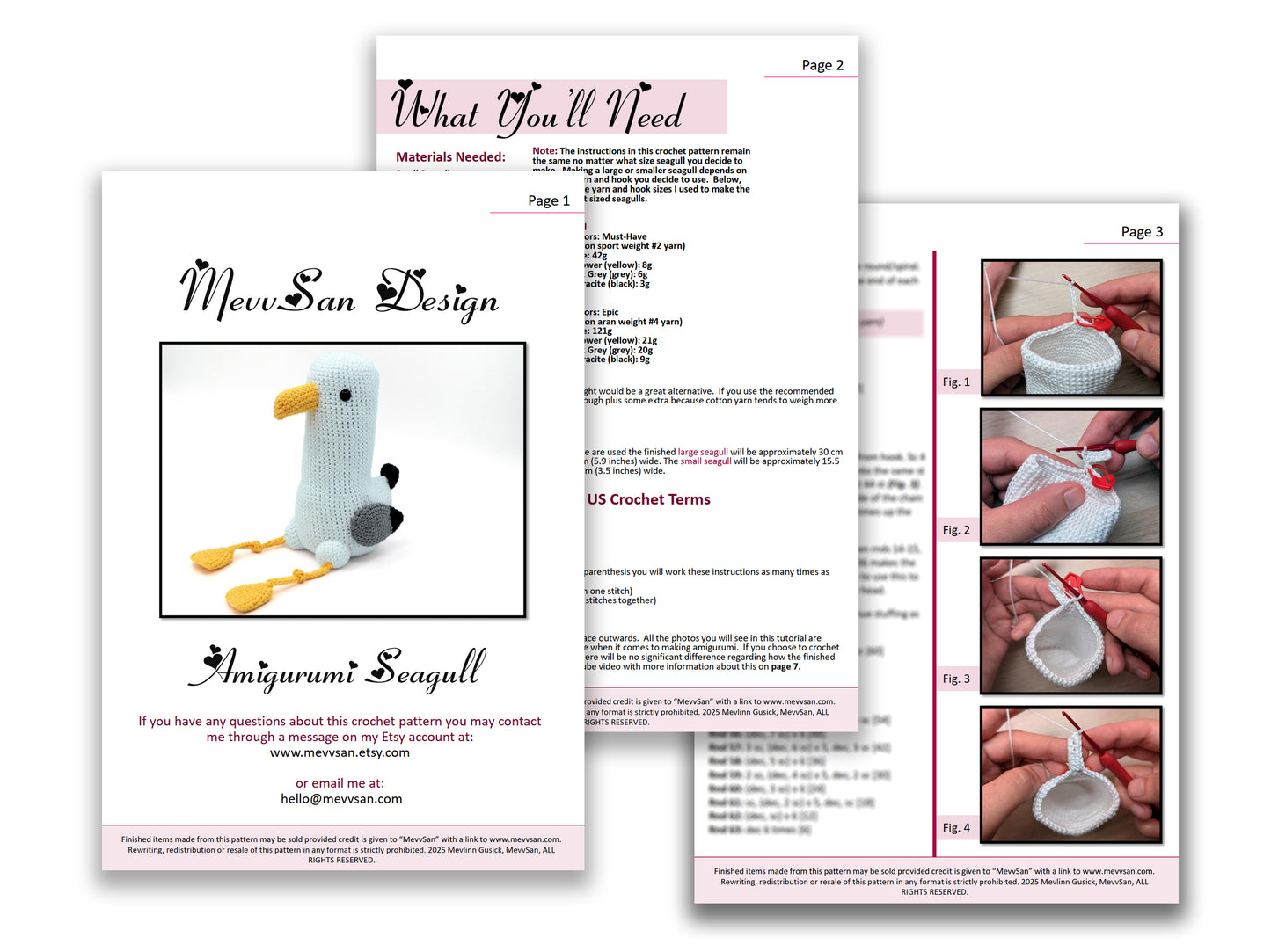 A preview of the first three pages of the PDF crochet pattern for the amigurumi seagull