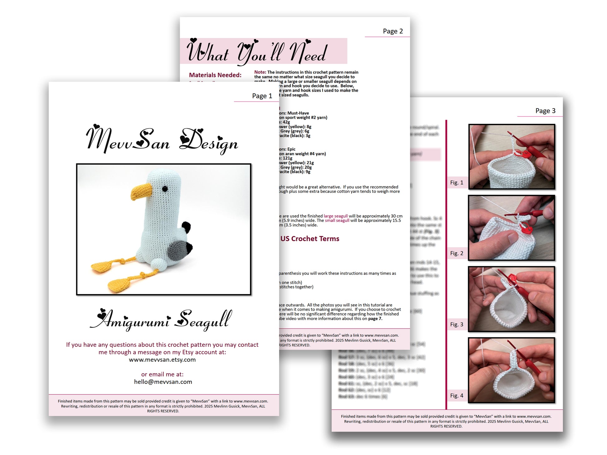 A preview of the first three pages of the PDF crochet pattern for the amigurumi seagull
