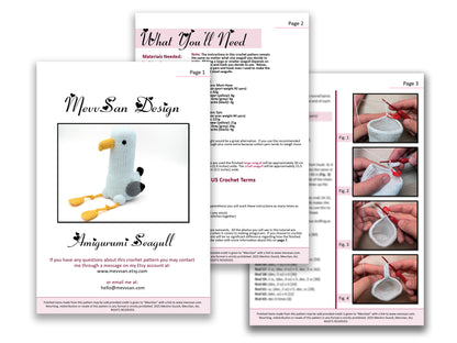 A preview of the first three pages of the PDF crochet pattern for the amigurumi seagull