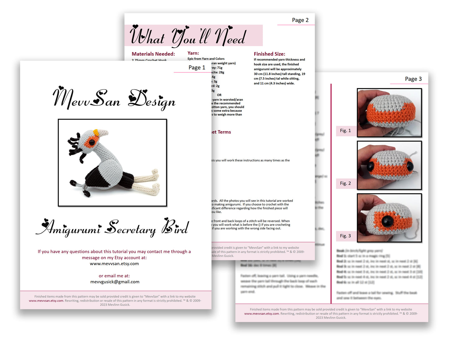 A preview of the first three pages of the PDF crochet pattern for the amigurumi secretary bird