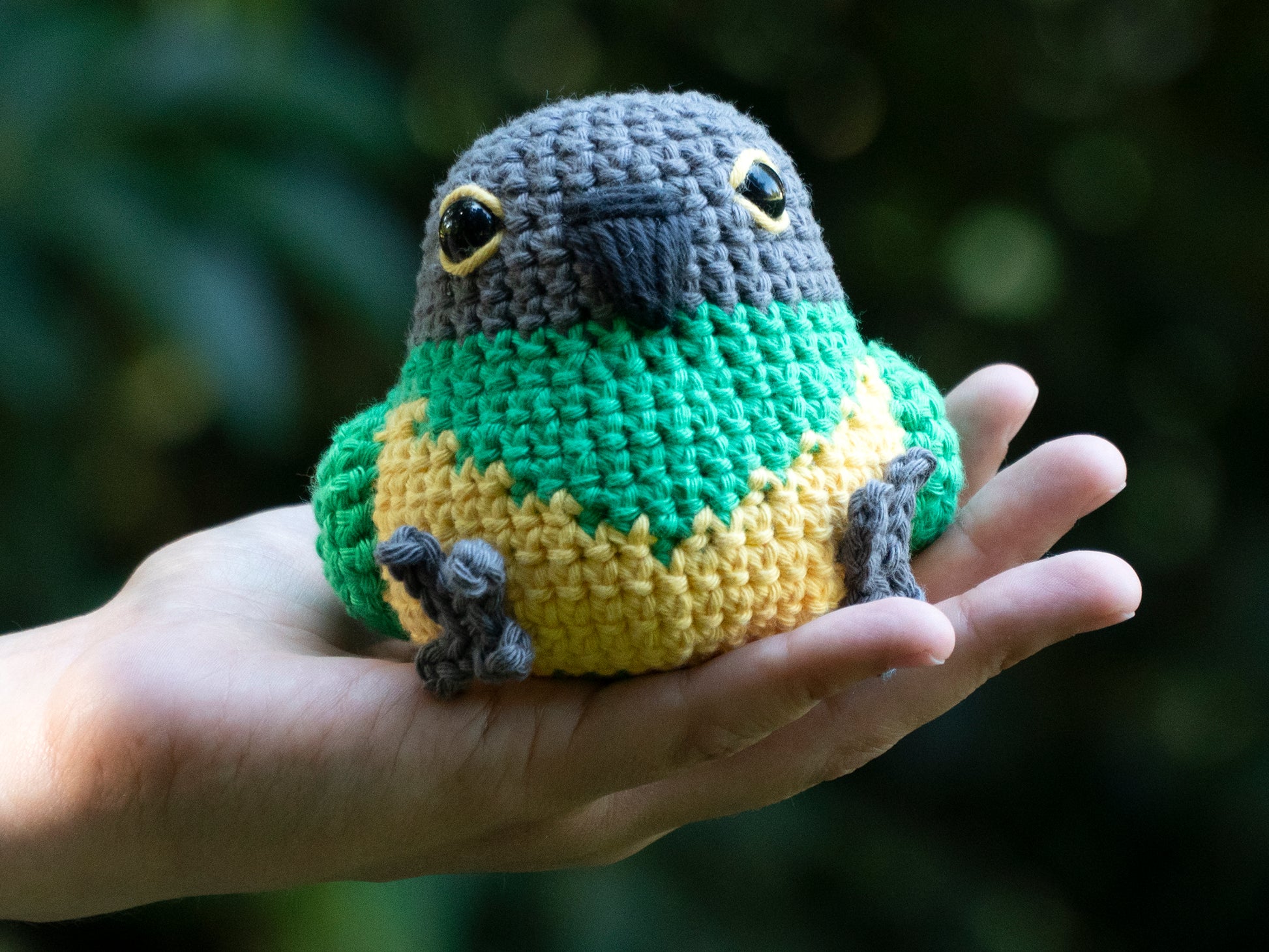 handmade crochet senegal parrot amigurumi plush with embroidered eyes being held for size comparison