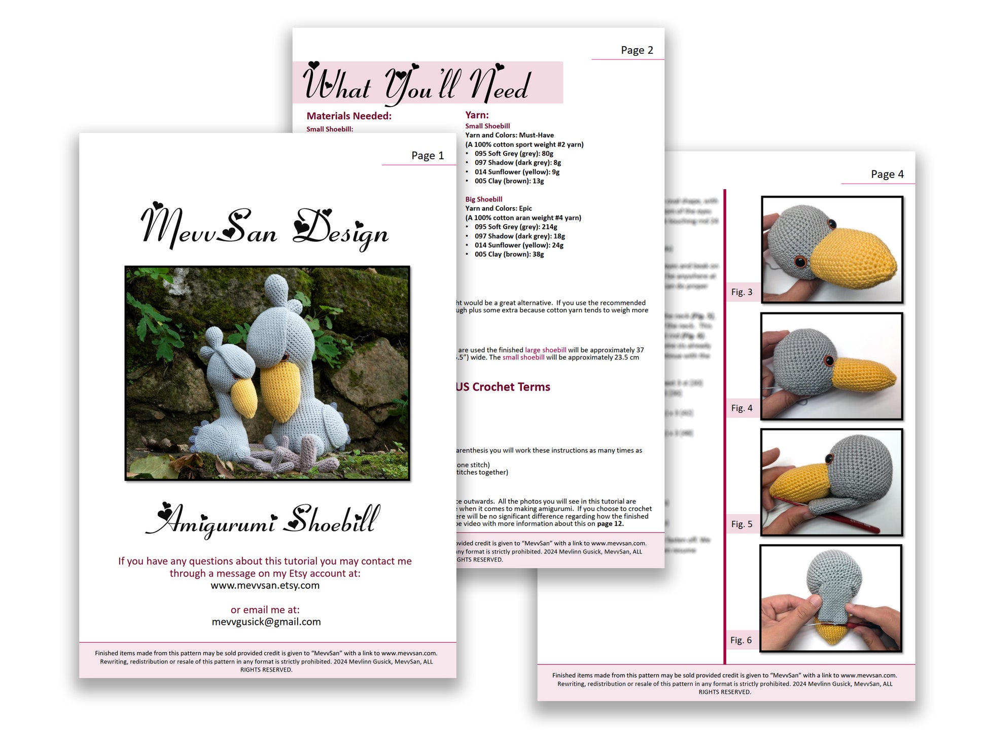 A preview of the first three pages of the PDF crochet pattern for the amigurumi shoebill stork