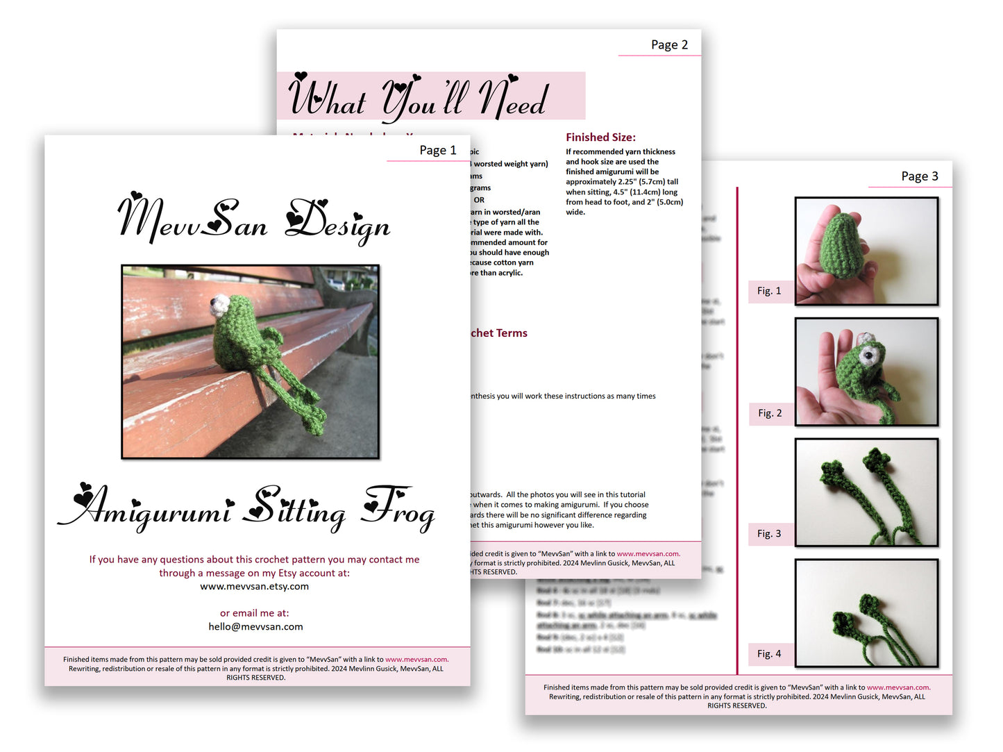 A preview of the first three pages of the PDF crochet pattern for the amigurumi sitting frog