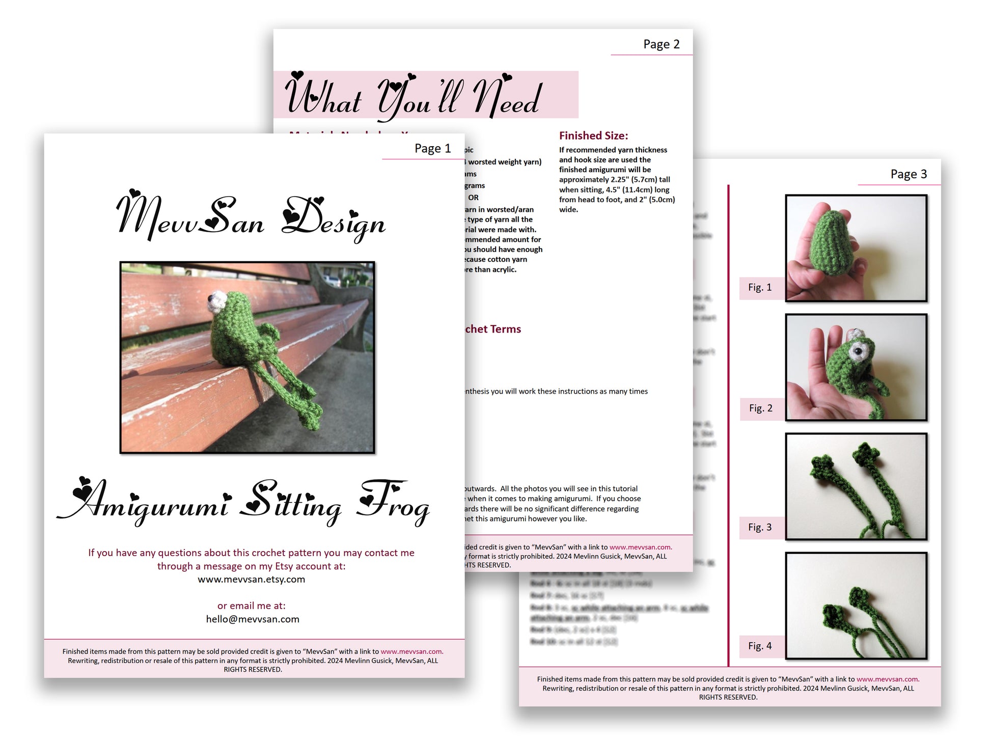 A preview of the first three pages of the PDF crochet pattern for the amigurumi sitting frog