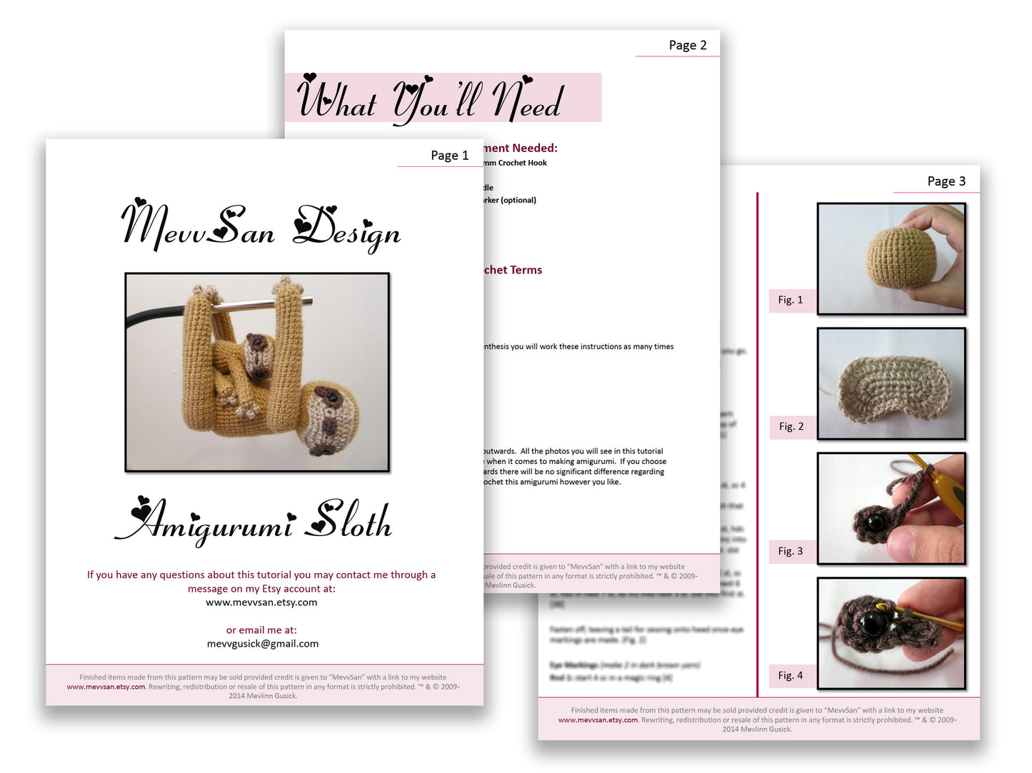 A preview of the first three pages of the PDF crochet pattern for the amigurumi sloth