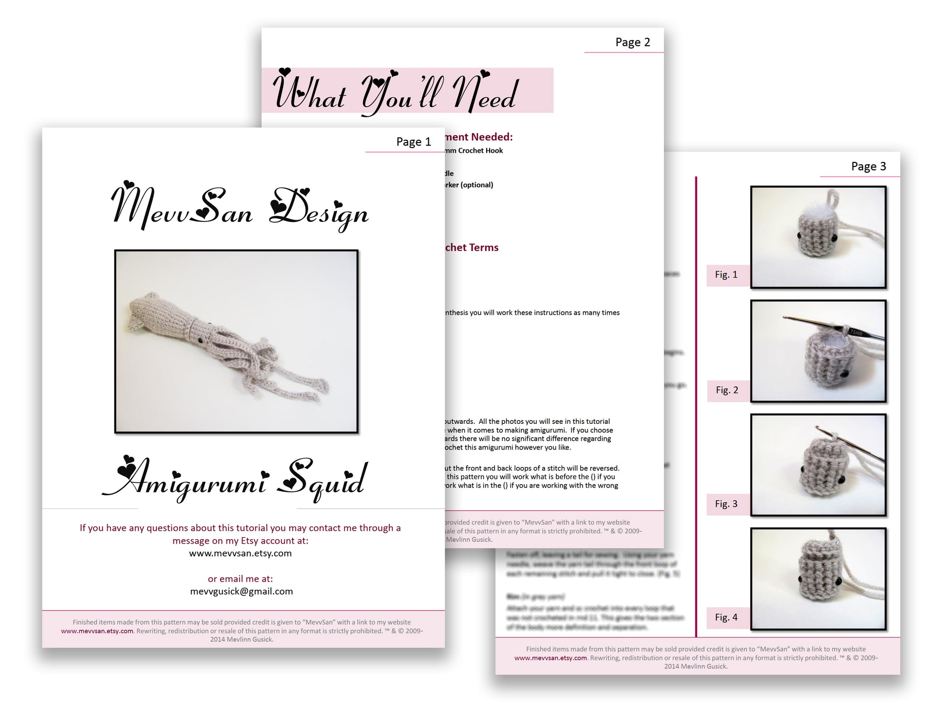 A preview of the first three pages of the PDF crochet pattern for the amigurumi squid