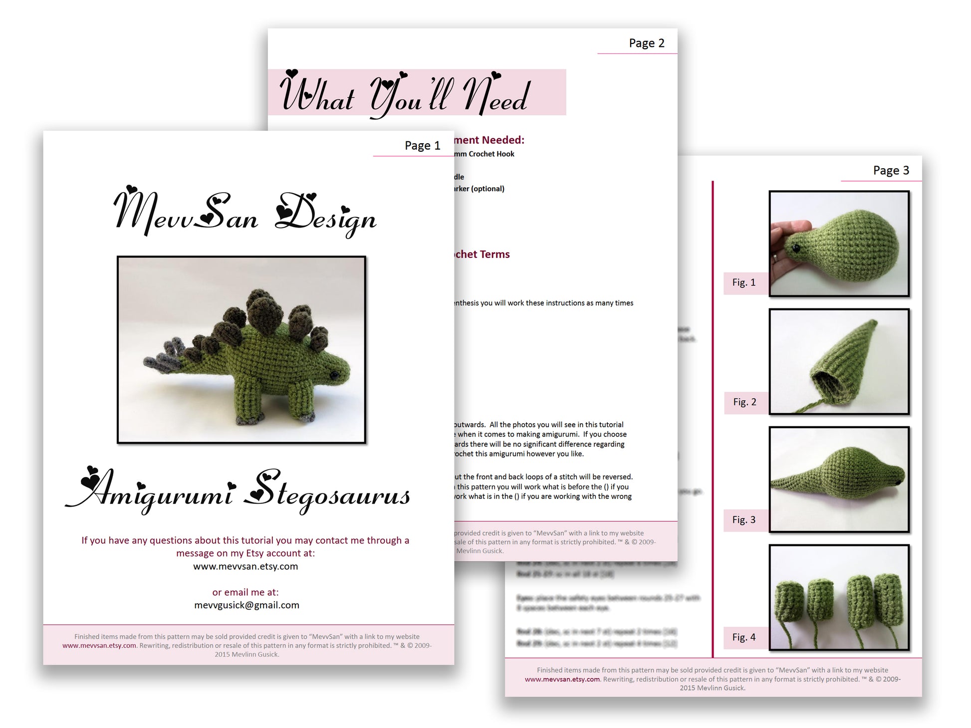 A preview of the first three pages of the PDF crochet pattern for the amigurumi stegosaurus dinosaur